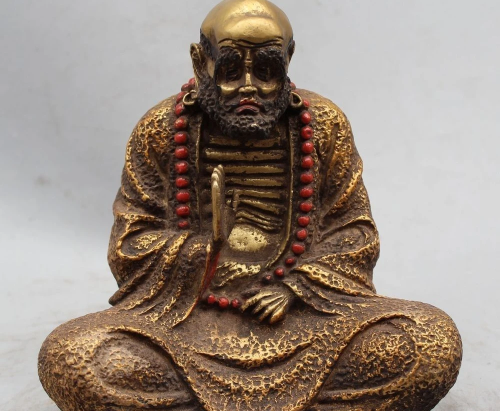 

8" Chinese Buddhiam Copper Arhat Damo Bodhidharma Dharma Buddha Statue Sculpture