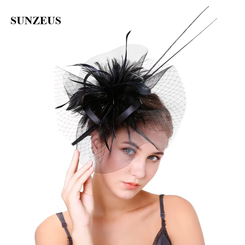 Перья Тюль Свадебные Шапки элегантный Fascinators Для женщин вечерние украшения для волос красный chapeu de casamento SH47