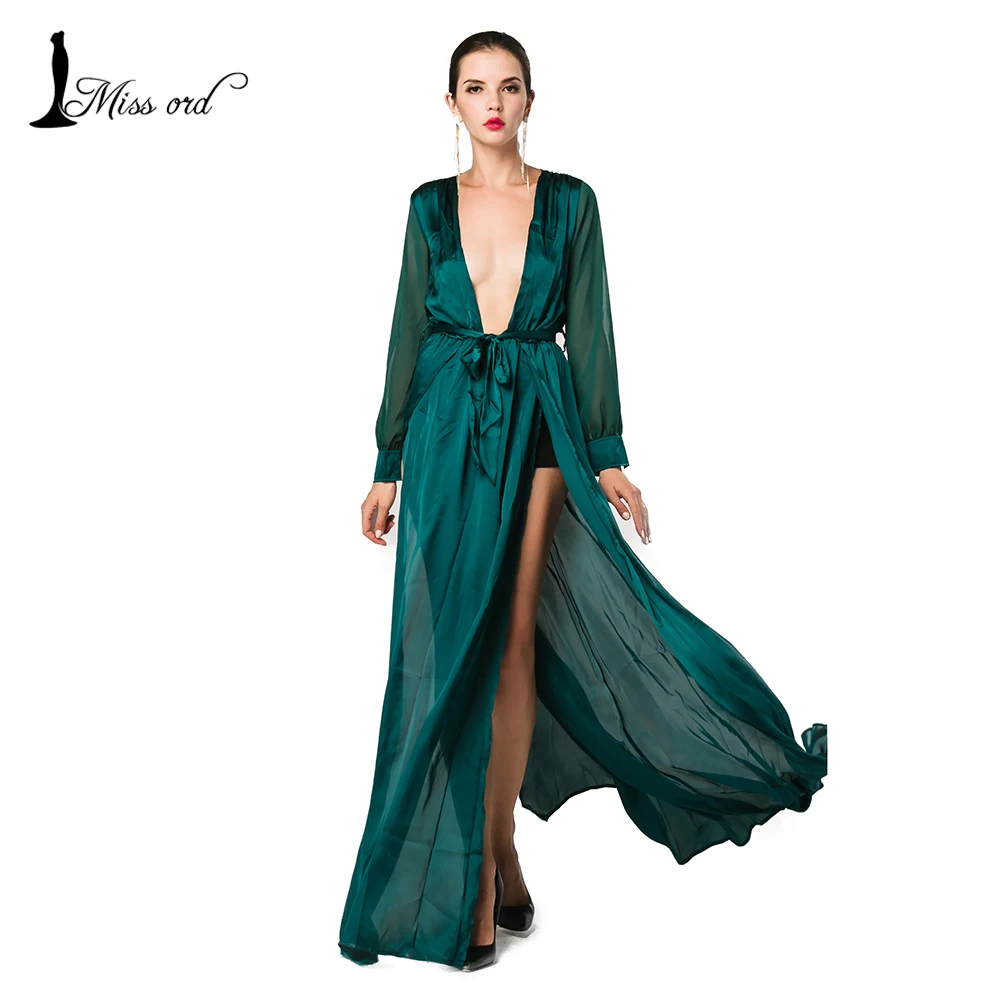  Free Shipping 2016 Sexy V-neck long-sleeved split green color dress FT2395-1 