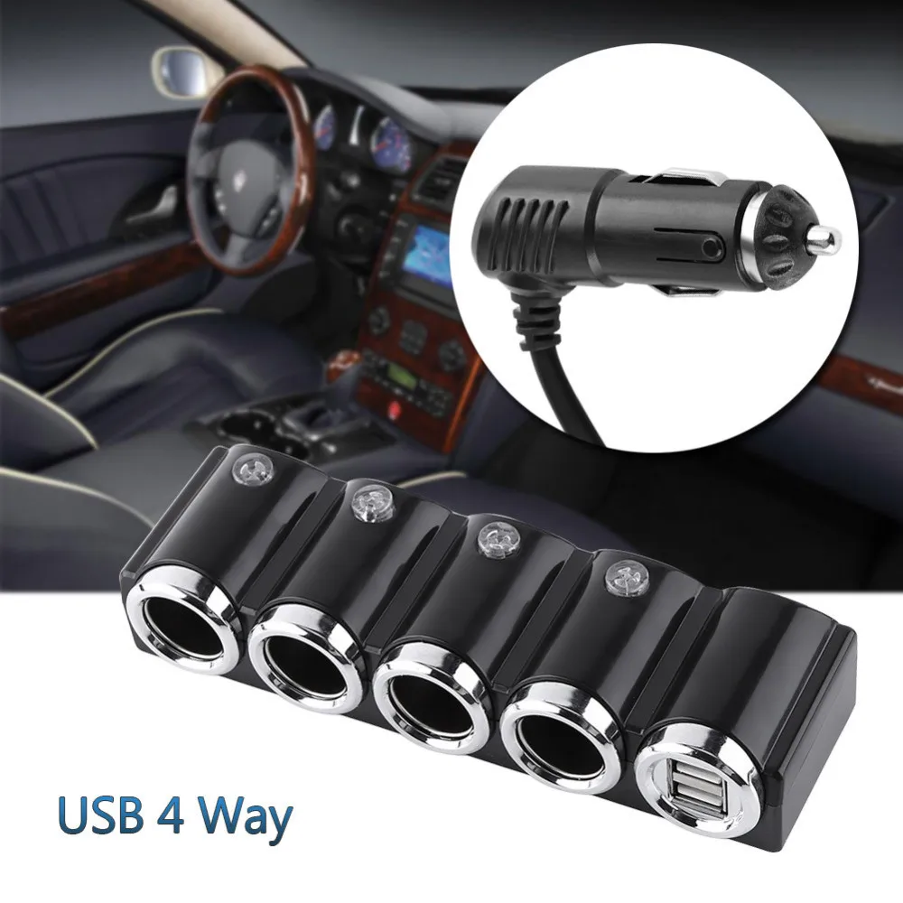 DC 12V/24V USB 4 Way Multi Socket Auto Car Cigarette Lighter Splitter USB Power Adapter Charger with Switch Charger for iPhone