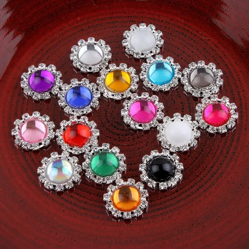 

30pcs/lot 20MM 16 Transparent Colors Metal Crystal Wedding Flatback Buttons Clear Alloy Rhinestone Buttons for Hair Accessories