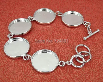

20mm Silver Plated Blank Bracelet Round smooth Strong Bezel Trays Toggle Clasps Link Chain cuff Bracelets Settings Wholesale