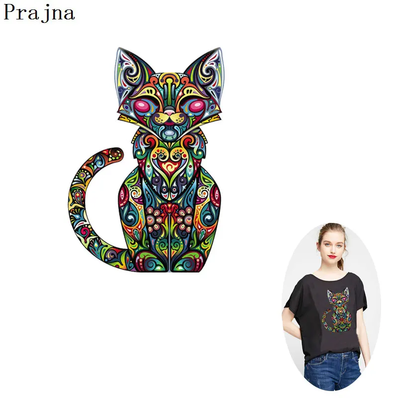

Prajna Retro Heat Transfer Smile Cat Iron-on Patch For Clothing DIY Jeans Ethnic Style Hot Vinyl Sticker On T-shirts Decal Patch