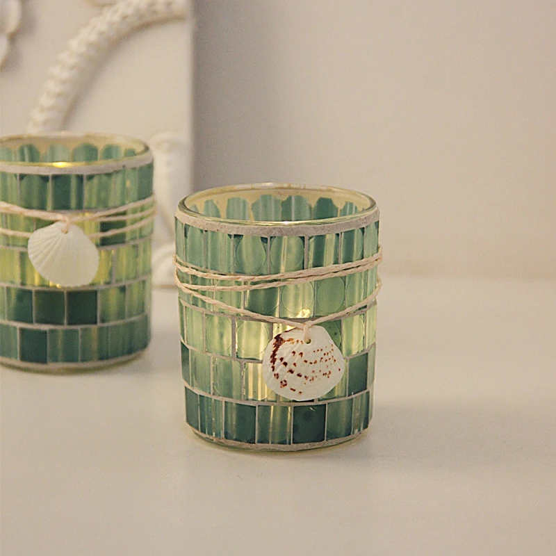 

Glass Mosaic Candle Holder Green Creative Candle Cup With Shell Decor