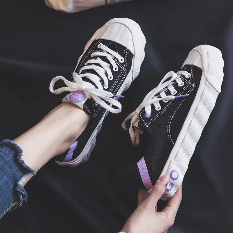 

Trendy Wavy Sole Mixed-color Canvas Shoes Women Summer Vulcanize Shoes Student Breathable Flat Shoes Ladies Black Purple White