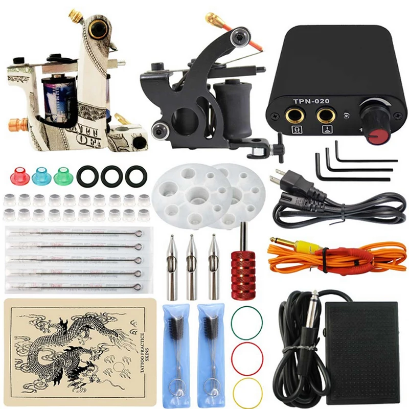 

Professional CompleteTattoo sets Dual Tattoo 2 Machine Guns Tattoo kit practice skin black Power Supply Cord Kit free shipping