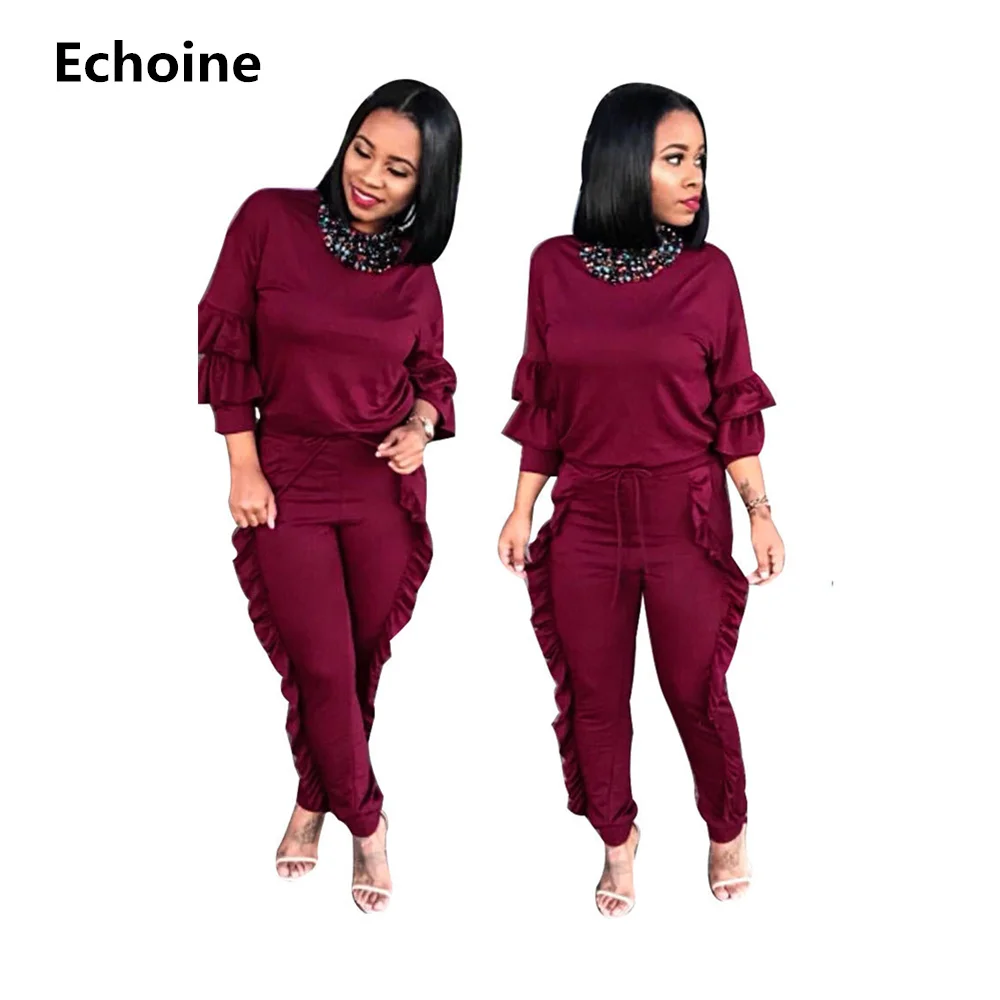 

Autumn Winter Women 2 Pieces Sets Long Sleeve Tshirt And Pencil Pants Female Plus Size Casual Tracksuit Sets Ruffle Sleeve Tops