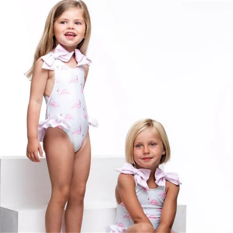 Одежда для купания для маленьких девочек с Фламинго; детская одежда для купания; цельный купальник для девочек с бантом на бретельках; цельный треугольный купальник