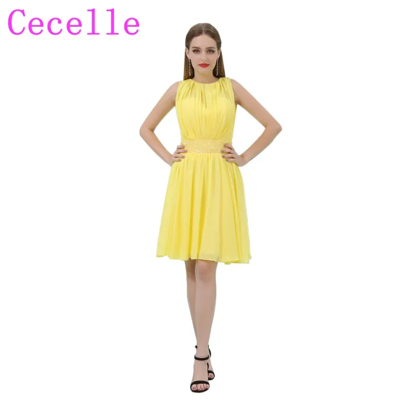 Short Yellow Bridesmaid Dress For Beach Wedding Beaded Waist Ruched