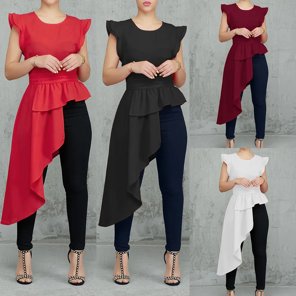 

Women's tops asymmetric Blouses & Shirts ruffles hem sleeve white black red wine red color summer casual shirt for ladies