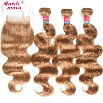 

March Queen Body Wave Brazilian Hair Weave 3 Bundles With Lace Closure #27 Honey Blonde Human Hair Bundles With Closure 4PCS/Lot