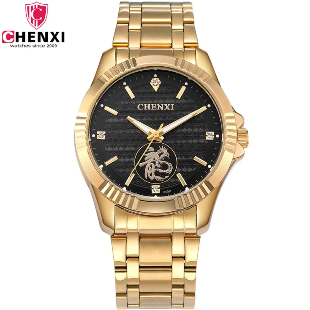 

CHENXI Luxury Brand Fashion Man Gold Dress Watch Stainless Steel Unique Golden Men Business Quartz Wristwatch clock Waterproof