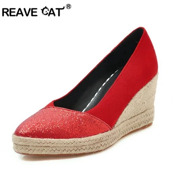 

REAVE CAT New Spring woman Wedges Ladies pumps Pointed Toe Bling Platform Slip on shoes mature Kid Suede Zapatos mujer Red