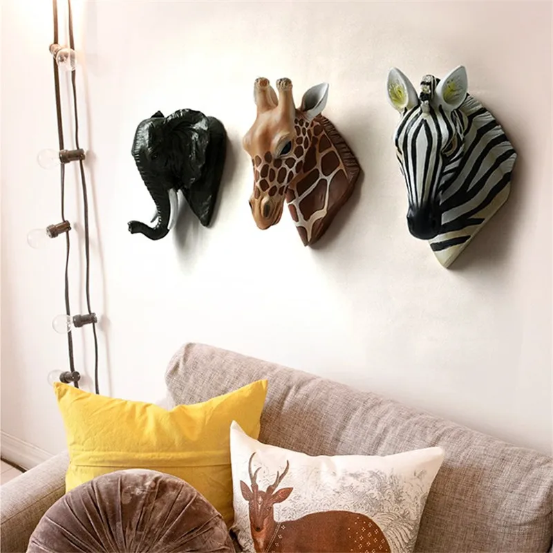 

Giraffe Elephant Zebra Deer Head Wall Hanging Resin Animal Head Statue Wall Decoration Home Decorations R1660