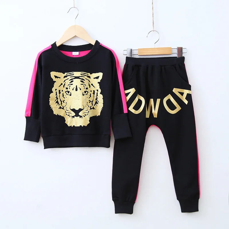 Розничная комплект спортивной одежды с принтом тигра для детей костюм для бега кофта+ штаны-шаровары для мальчиков и девочек спортивные костюмы одежда в стиле «хип-хоп»