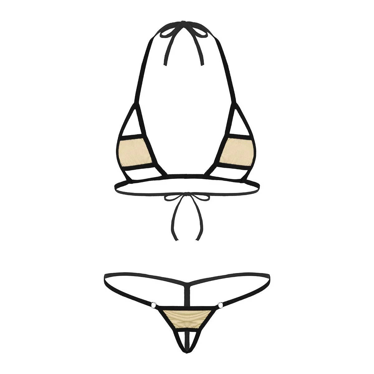 Сексуальный женский комплект нижнего белья с бретелькой через шею, самозавязывающийся мини микро бикини, бюстгальтер, топ с стрингами, нижнее белье, трусы, купальники - Цвет: Nude