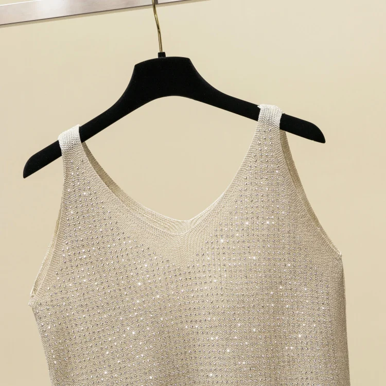 Elegant Metal Crop Top Summer Sexy Club Backless Bralette Beach Halter Sliver Sequined Party Women Knitted Tank Top Camisole