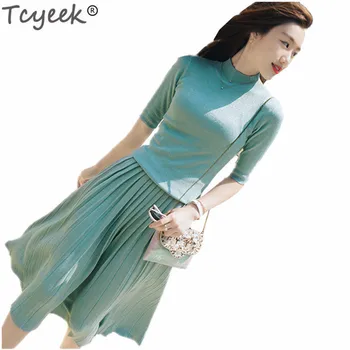 

Tcyeek 2020 Fashion Knitted Suit Two Piece Set Top and Skirts Women's Costumes Female Casual Suits Ladies Elegant Outfits LWL602