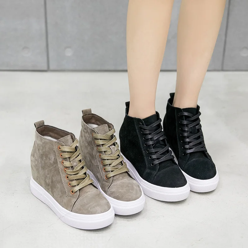 Printemps Véritable Étudiant Augmenter Porc Top Yiluan Femmes Chaussures black High Black De Suede up Casual Velvet Haute Lace Cuir Plus Automne khaki khaki Velvet Talons xXIqfwzE