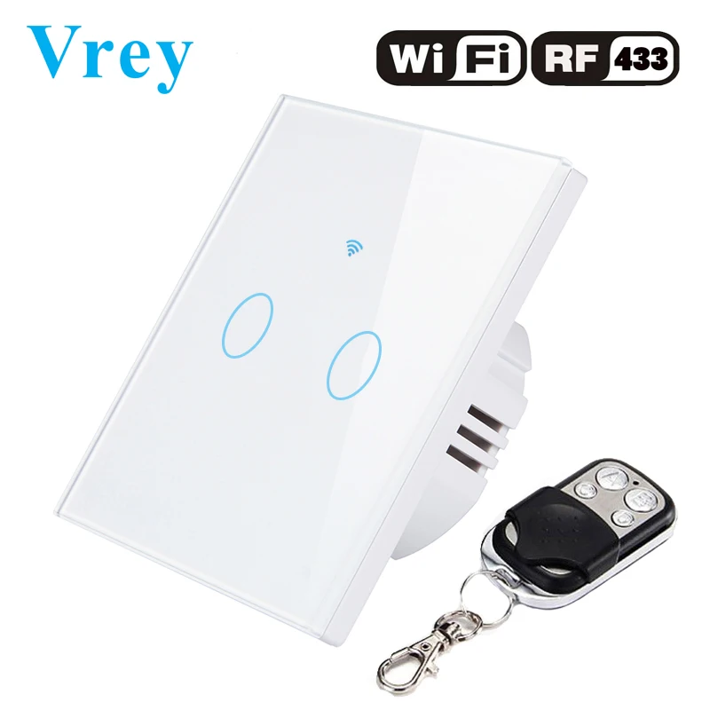 

Vrey EU WiFi APP touch Switch 2 Gang 110-240v Wall Light Touch Screen Switch,Crystal Glass Switch Panel and remote controller