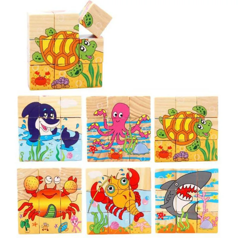 Шестисторонний деревянный кубик-головоломка для детей, 3D головоломка для животных, деревянные Обучающие Игрушки для раннего развития - Цвет: D