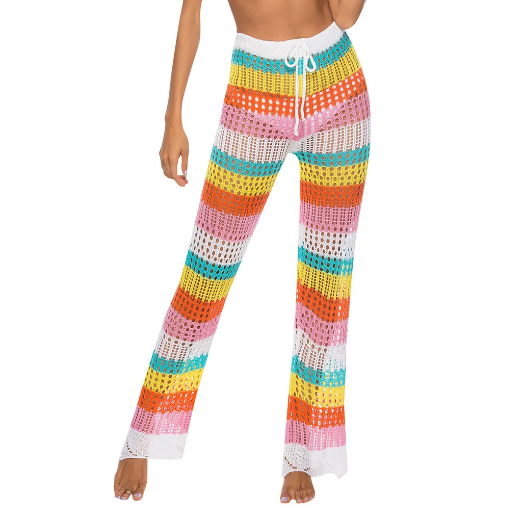 

New Fashion Sexy Women Cover Up Pants Sexy Casual Hollow Out Crochet High Waist Mesh Comfortable Rainbow Protective Pants V10