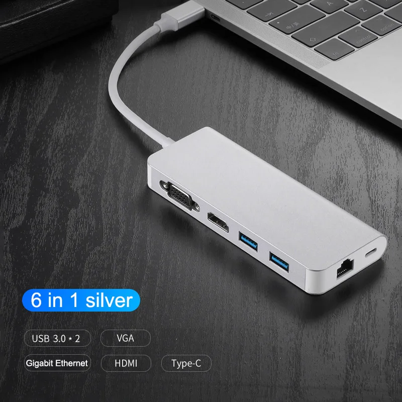 8 in 1 USB 3.1 Type C HUB to 4K HDMI 3.5mm Audio RJ45 Gigabit Ethernet Adapter with Type C PD Charging SD TF Card Reader USB HUB - Цвет: 6 in 1 Silver 2