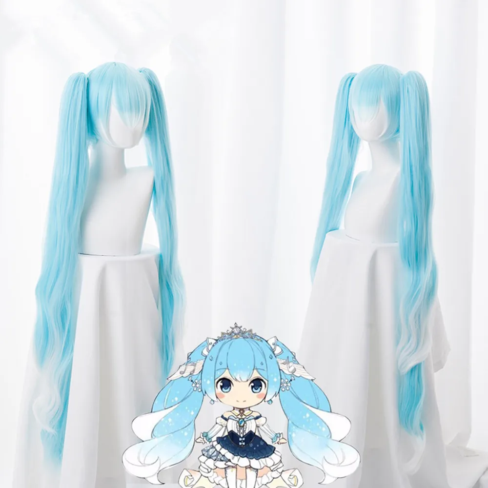 

Anime Vocaloid Hatsune Snow Miku Cosplay Wig Gradient Blue 120cm Long Wavy Synthetic Hair With Chip Ponytails + Wig Cap