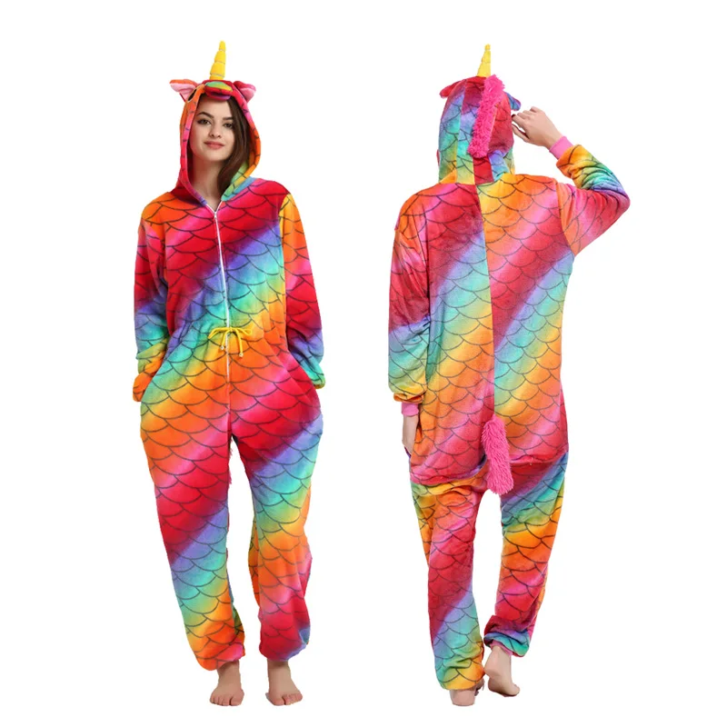 Adult Unisex Pajamas sets Cartoon flannel pijama Winter animal ladies pajamas Kigurumi warm hoode female sleepwear women pajamas - Цвет: fish scale unicorn1