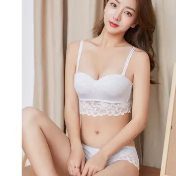 

Women Cotton Lace Edge Without Thickening Without Rims Half Cup Gathered Bra+ Briefs Underwear Set Breathable Set