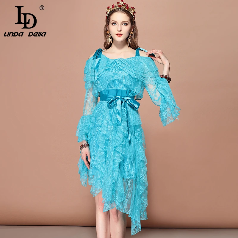 

LD LINDA DELLA Summer Fashion Runway Casual Holiday Party Asymmetrical Dress Women's Spaghetti Strap Belted Elegant Lace Dress