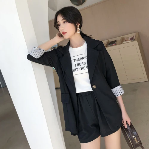 Temperament Button Two Pieces Spring Chic Casual Shorts For Women Suit Female