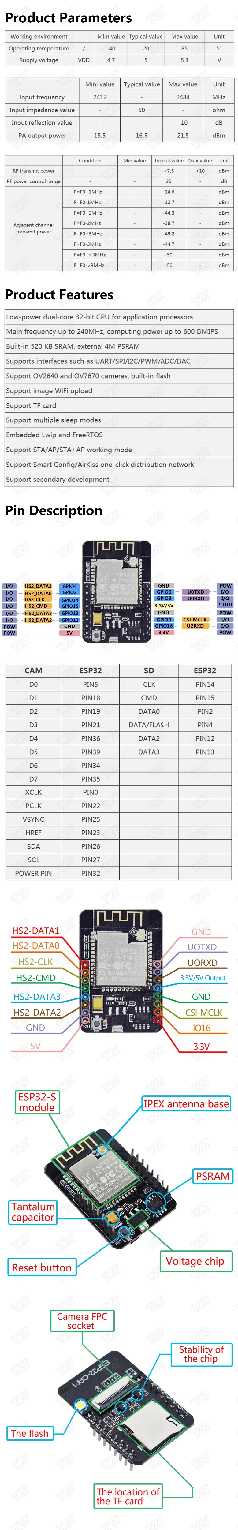 TZT ESP32-CAM WiFi+ модуль Bluetooth модуль камеры макетная плата ESP32 с модулем камеры OV2640 2MP для Arduino