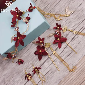 

CC Jewelry Hair Stick Exquisite Handmade Flowers 4pcs Sets Earrings For Women Wedding Decorations Hair Bridal Accessories 9772