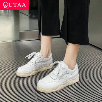 

QUTAA 2020 Women Shoes PU Leather Round Toe Casual Retro Comfortable Sneakers Tie Skid-proof Wear-resistant Shoes Size 34-43