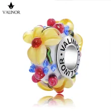 Amarillo cuentas de flores de cristal charms Plata de Ley 925 Pulseras y Brazaletes para Las Mujeres Joyería GCLL039-3