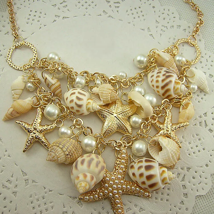 Gold Color Sea Shell Starfish Faux Pearl Bib Statement Necklaces Luxury Women Choker Necklaces