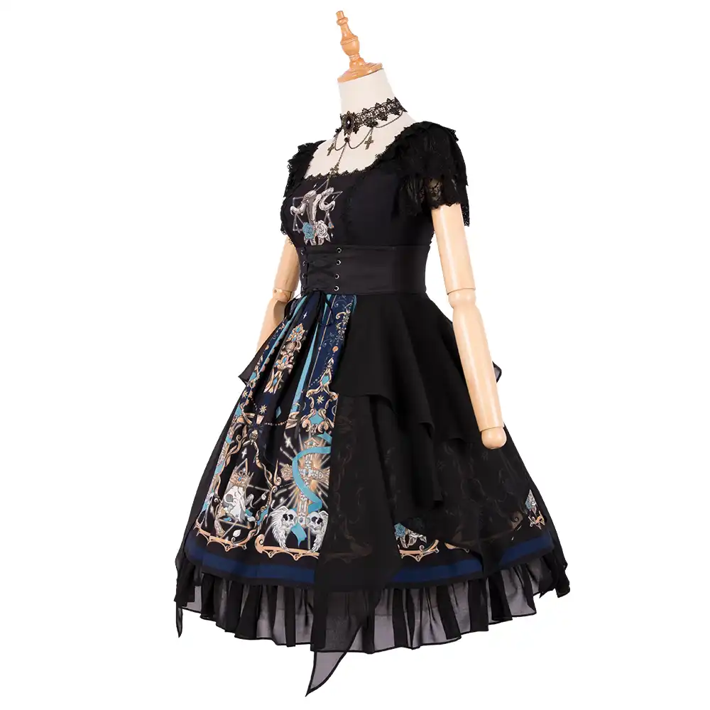 Gothic Black Lolita One Piece Dress Short Sleeve Printed Lace And Ruffles Lolita Op Dress Lolita Dresses Aliexpress