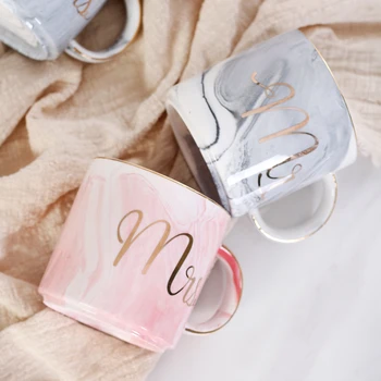 

High Quality New 380ml Couple Gold Plating Creative Ceramic Coffee Mug Unique Marble Stripes Porcelain Tea Water Cup With Handle