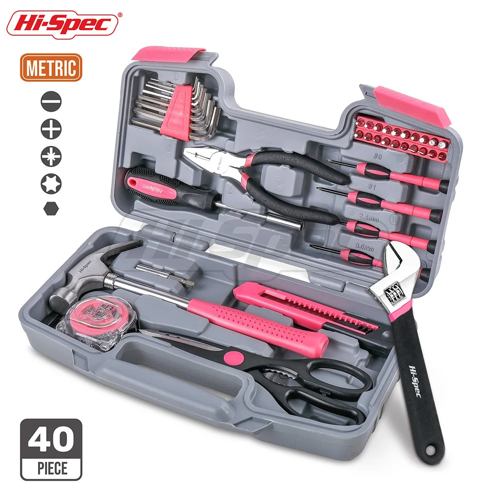 

Hi-Spec Pink 40pc Hand Tool Set Girl Lady Women DIY Household Tool Set Repair Tools & Kits Toolbox Screwdriver Wrench Hammer