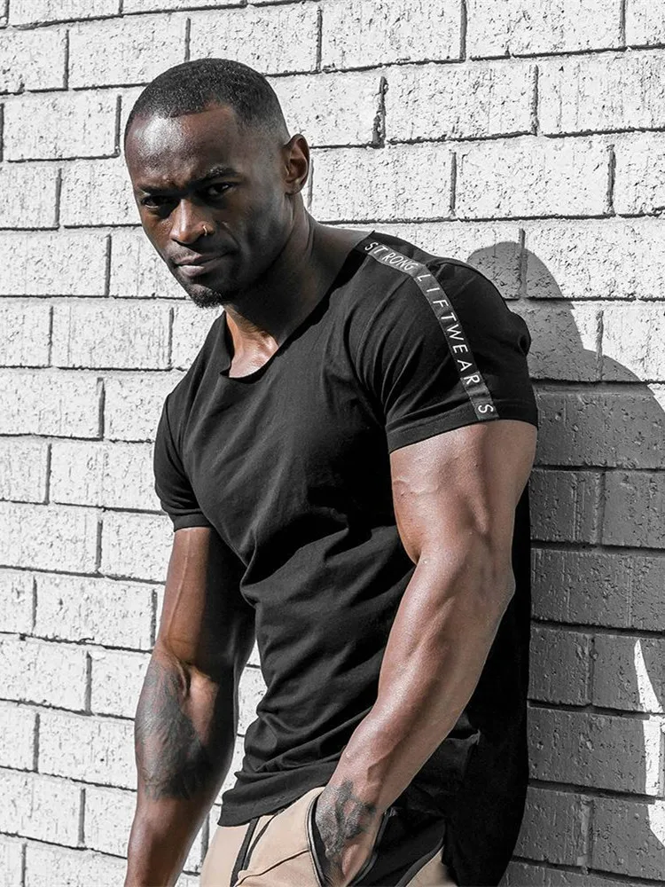 Мужская хлопковая футболка с коротким рукавом для фитнеса, тонкая, из кусков, черная, белая, футболка, мужские спортивные футболки, топы, летняя модная повседневная одежда