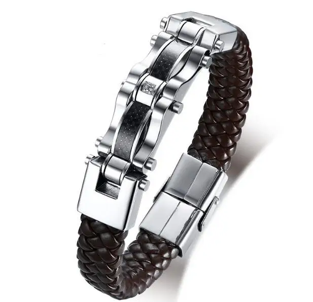 

45g heavy Mens AAA CZ Carbon fiber Stainless Steel Brown Coffee Color Real Leather Bracelet Bangle New List 8.8''