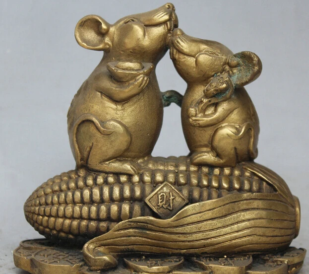 

851++5" Chinese Brass Zodiac Year 2 Mice Mouse Rice Wealth YuanBao RuYi Corn Statue