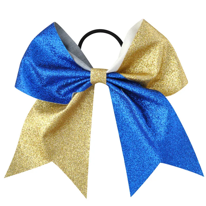 1PC 7Inch 2Color Mix Girls Boutique Solid Glisten Cheerleading Bow Hair Ring Elastic Hair Bands Hair Bows Women Hair Accessories - Цвет: Golden-Sapphire blue