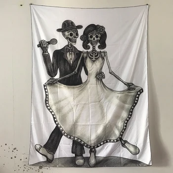 

Day Of The Dead Decor Shower Tapestry Love Valentine's Skull Skeleton Marriage Eternal Spanish Festive Art Dimgrey and White