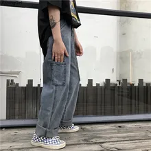 Уличная одежда в стиле панк, Харадзюку, винтажные свободные Свободные мешковатые прямые джинсовые штаны, женские/мужские шаровары в стиле хип-хоп, джинсы-карго с карманами