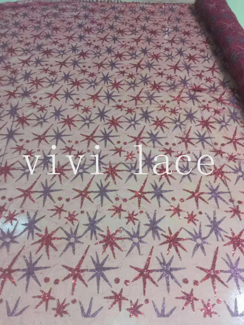 

5 yards D668# luxury wine red star hand print glitter tulle african fabric for bridal wedding dress/evening dress/sawing