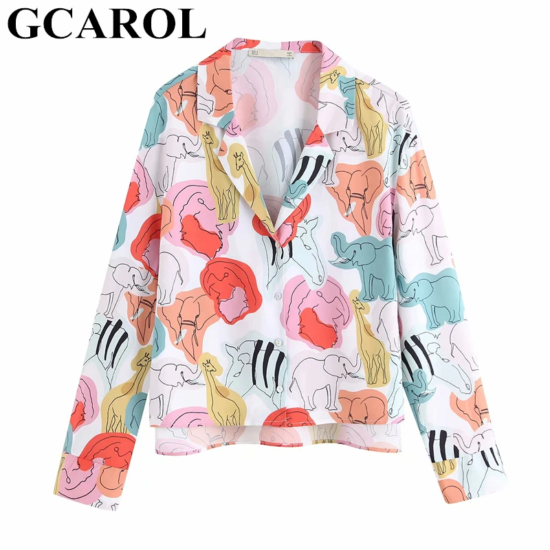 

GCAROL New Spring Summer Animal Floral Blouse Drop Shoulder Asymmetric Length Sweet Shirt Oversize Streetwear Holiday Tops