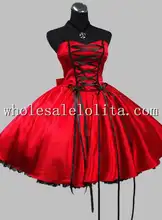 Freeshipping Cheap Gothic Red and Black Lace Up Victorian Inspired Dress Knee Length