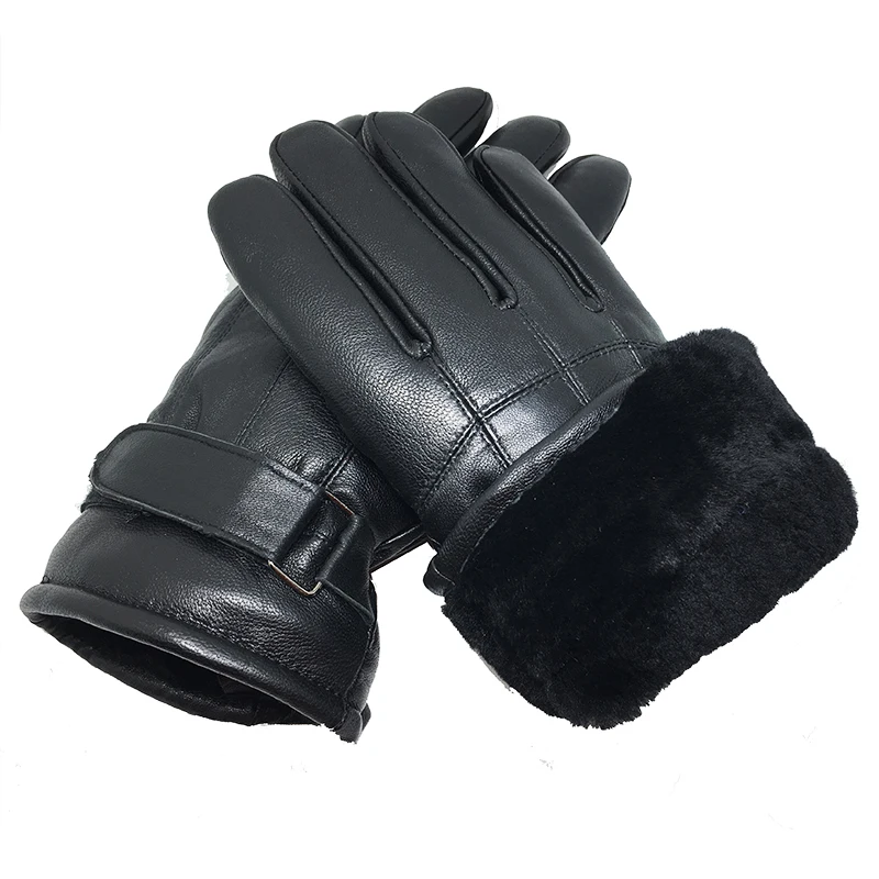 Comprar Guantes para hombre, guantes de cuero Real, 2019 nuevos guantes de Color negro de cuero genuino, guantes de invierno de algodón grueso para hombres, mitones de marca cálida